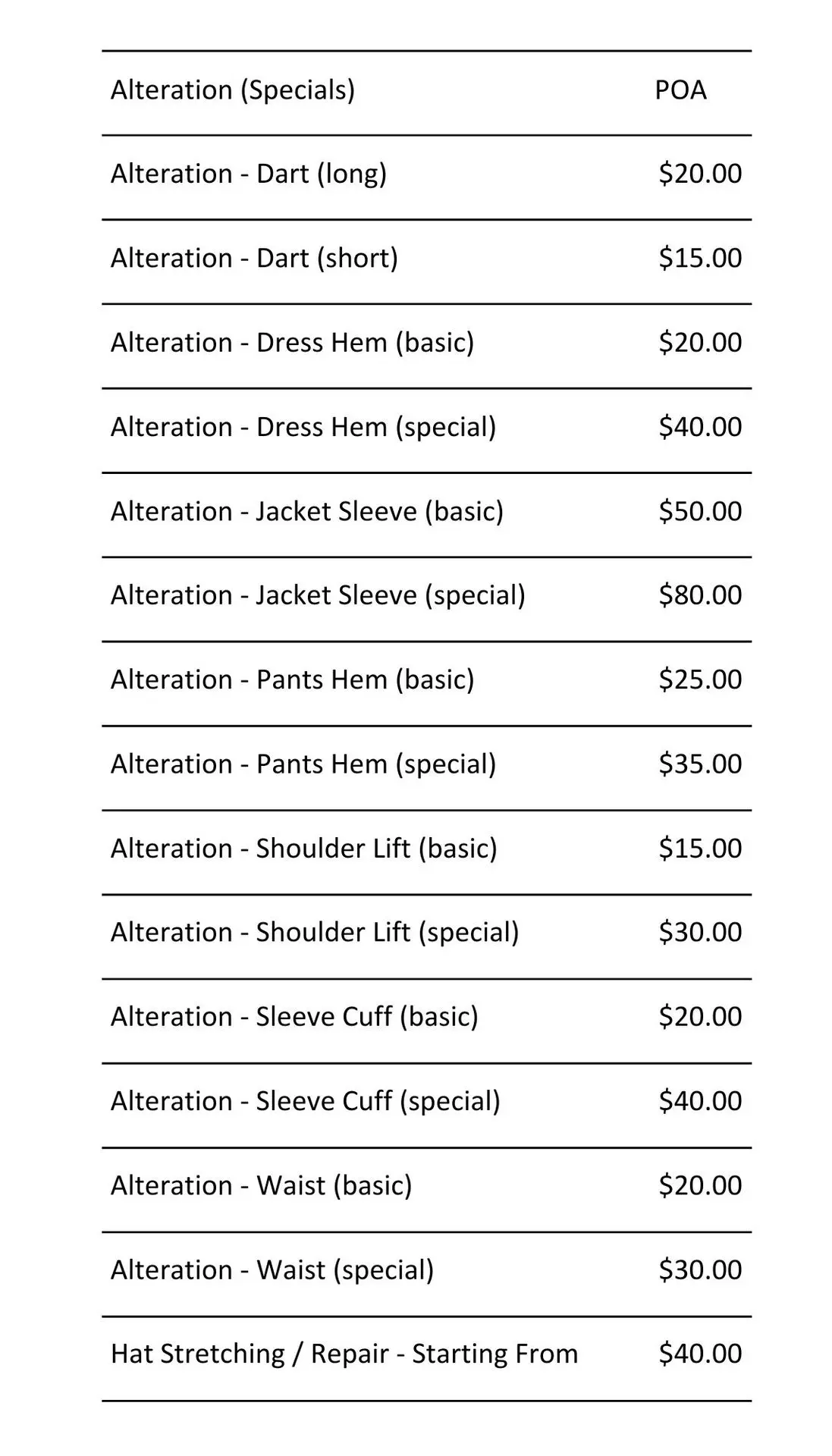 alteration price list