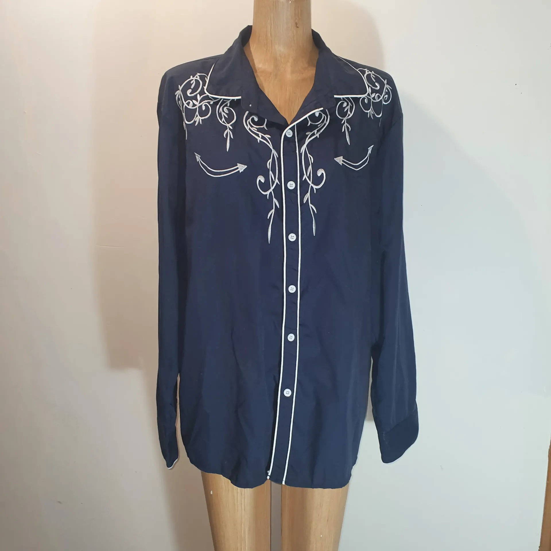 Preloved Mens Shirt Long Sleeve - Western Country Style Navy 2XL