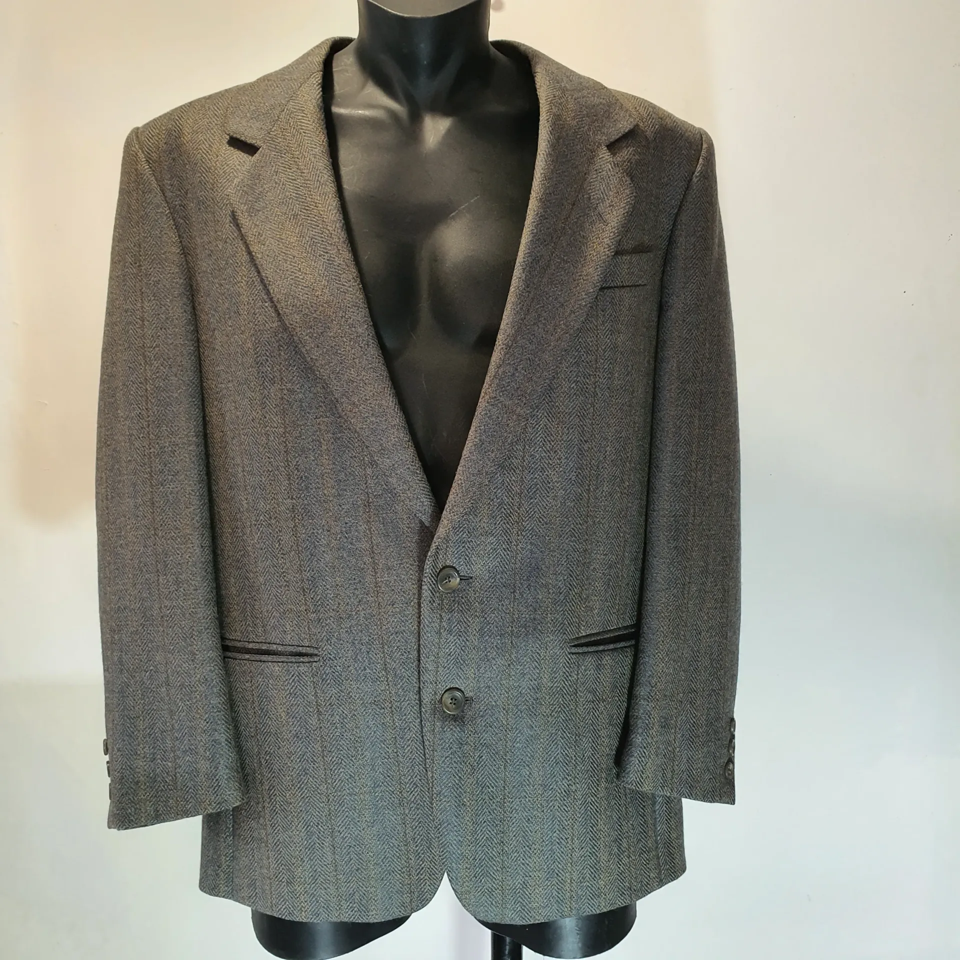 [MJC04] Preloved Mens Jacket - Vintage Wool Teal/Gold Herringbone Slimfit 102cm/40in (Medium)